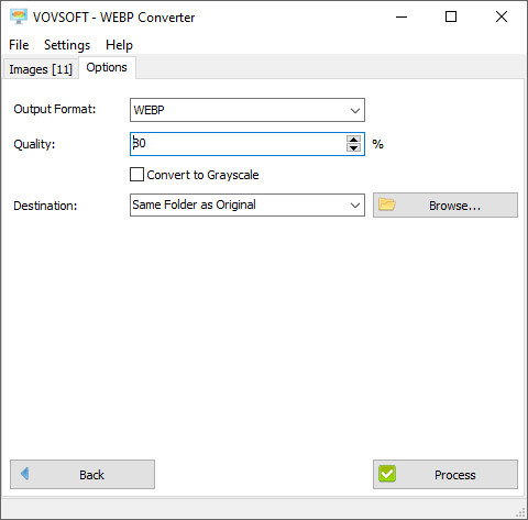 Vovsoft WebP Converter выбор функций