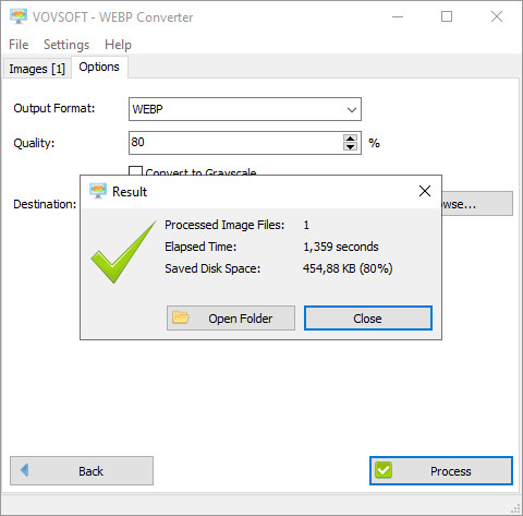 Vovsoft WebP Converter окно результата