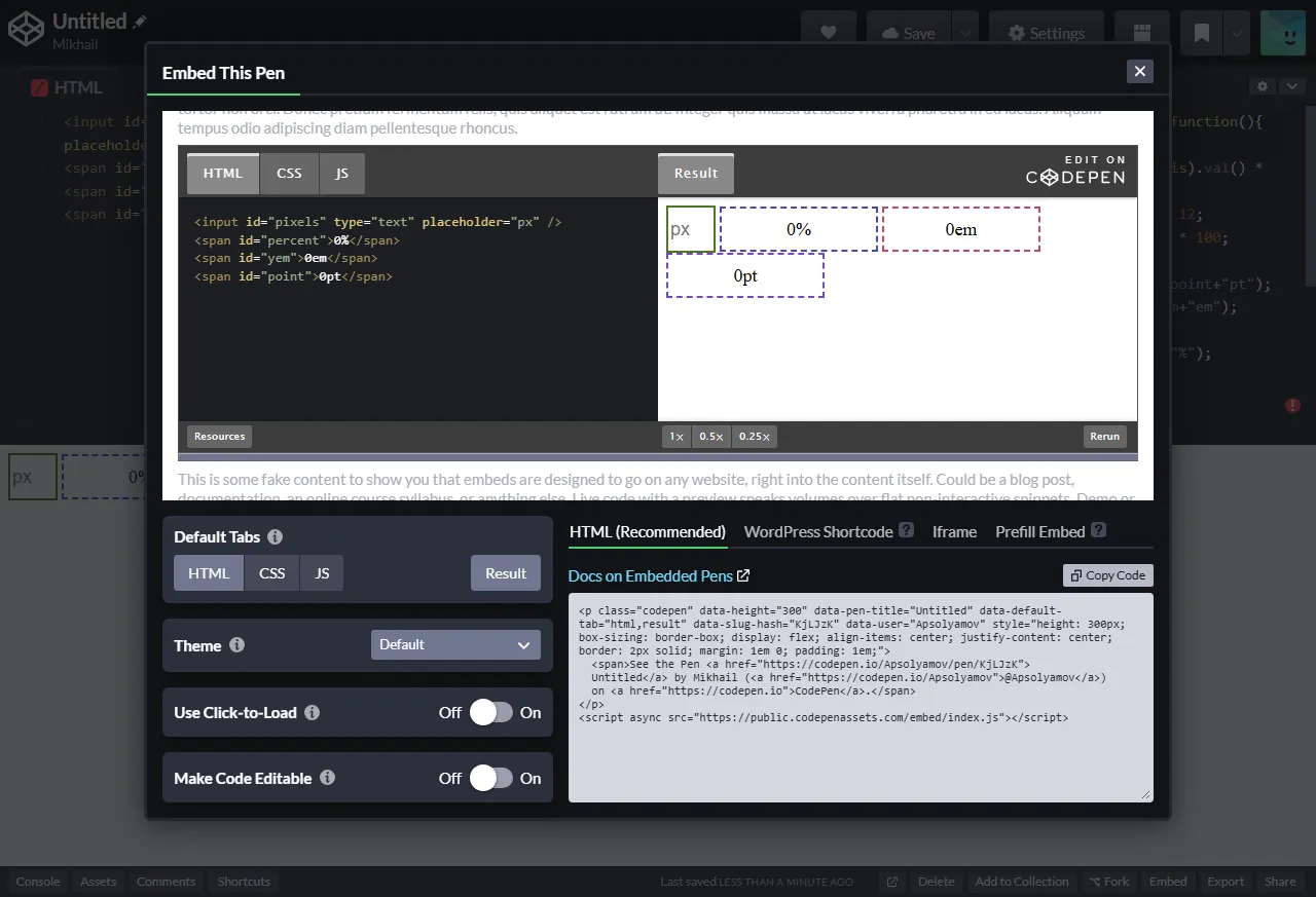 вставка кода из CodePen