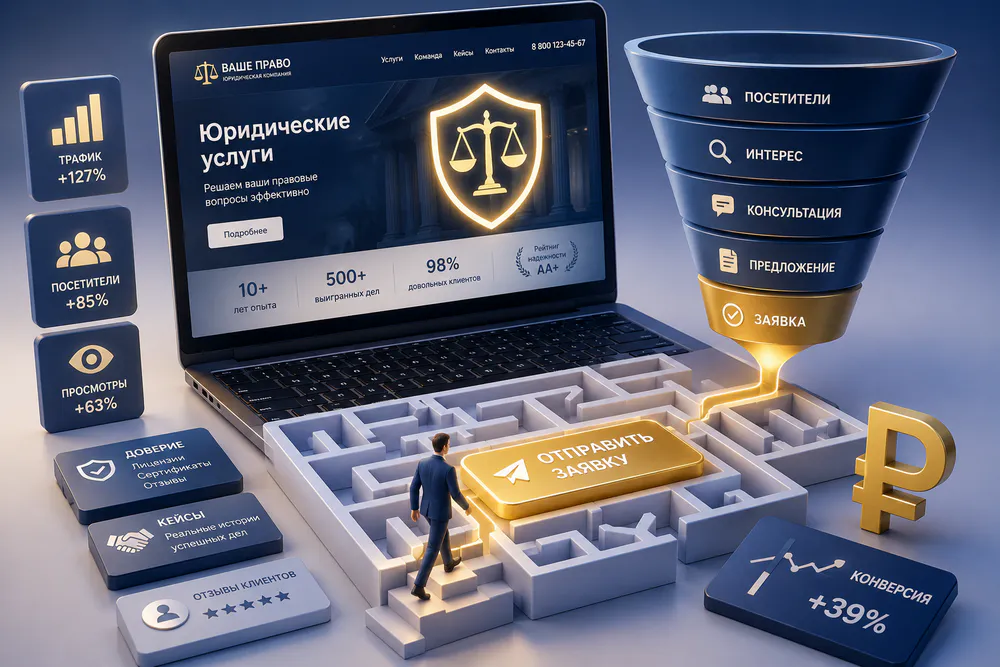 Инфографика: конверсия юридического сайта — путь посетителя от знакомства с сайтом до отправки заявки